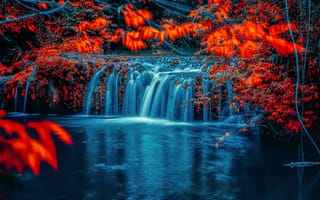 Картинка осень, водоём, пейзаж, листья, водопад, деревья