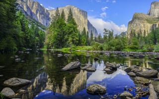Картинка Йосемити, национальный парк, деревья, река, США, пейзаж, камни, горы, Yosemite National Park, штат Калифорния
