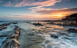 Картинка Фигейра-да-Фос, закат, пейзаж, скалы, море, Португалия
