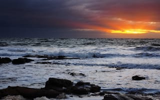 Картинка Морнингтон, горные породы, море, Австралия, пена, пейзаж, волны, закат, Виктория, закат солнца