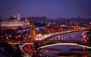Картинка Москва-река, ночные города, ночь, Московский Кремль, иллюминация, огни, Россия, Москва
