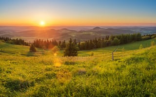 Картинка Гессен, Германия, пейзаж, природа, холмы, закат солнца, деревья, лучи, трава, поле