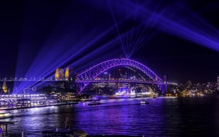 Картинка Сидней, неон, Австралия, лучи, мост, иллюминация, огни, город, ночь