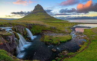 Картинка Kirkjufellsfoss, река, полуостров Снайфедльснес, водопад, природа, гора, закат, пейзаж, Грюндарфьёрдюр, Исландия, фьорд, Гора Киркьюфетль