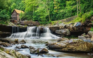 Картинка Glade Creek Grist Mill, водяная мельница, водопад, скалы, деревья, West Virginia, пейзаж, Babcock State Park, лес