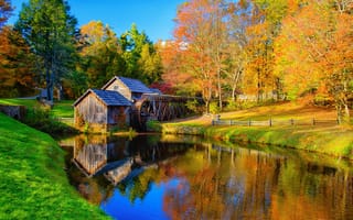 Картинка Mabry Mill, речка, деревья, пейзаж, осенние краски, осень, Virginia, краски осени, Blue Ridge Parkway mp 176, водяная мельница