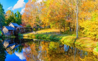 Картинка Mabry Mill, пейзаж, краски осени, осенние краски, панорама, деревья, водяная мельница, речка, осень, Blue Ridge Parkway mp 176, Virginia