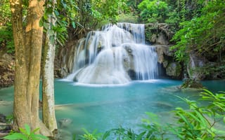 Картинка Huay Mea Khamin Waterfall Kanchanaburi, природа, река, водопад, пейзаж, деревья, Thailand