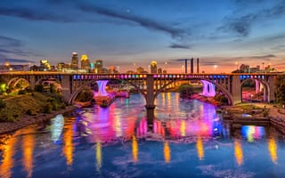 Картинка Minneapolis, ночь, ночные города, мост, город, Minnesota, иллюминация, река
