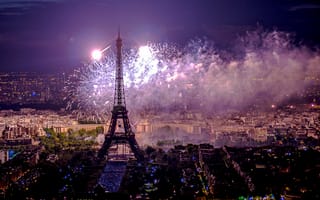 Картинка Париж, Paris, иллюминация, салют, ночь, ночные города, город, фейерверк, Эйфелева башня, Франция