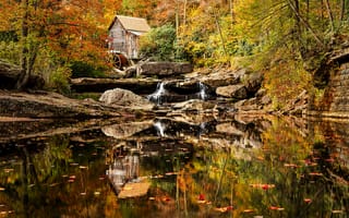 Картинка Glade Creek Grist Mill, водопад, США, Западная Вирджиния, Мельница у ручья Глэйд, West Virginia, пейзаж, лес, осень, деревья, камни