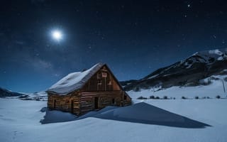 Картинка Crested Butte, ночь, Colorado, руины, луна, лунный свет, пейзаж, сумерки, снег, зима, горы, заброшенный дом