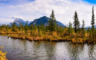 Картинка Banff National Park, пейзаж, Канада, река, горы, деревья, панорама, природа, осень