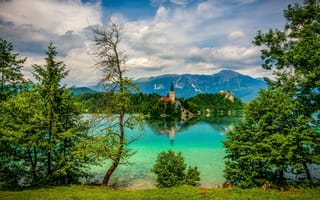Картинка Озеро Блед, деревья, небо, Словения, горы, Bled, пейзаж