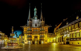 Картинка Town Hall, огни, ночь, Wernigerode, Германия, Вернигероде, иллюминация, город