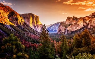 Картинка Yosemite National Park, California, пейзаж, водопад, Национальный парк Йосемити, закат, осень, горы леса