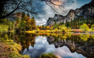 Картинка Yosemite National Park, осень, деревья, горы, пейзаж, California, река Мерсед, Национальный парк Йосемити