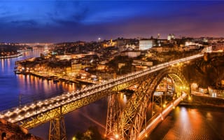 Картинка Порту, река, Porto, город, сумерки, канал, дома, мост, городской пейзаж, ночные города, Португалия