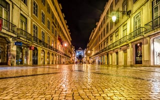 Картинка Улица Августа, ночь, Augusta Street, Португалия, ночные города, Лиссабон, иллюминация