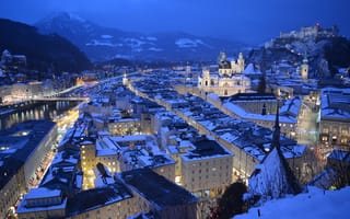 Картинка Зальцбург, снег, иллюминация, ночные города, зима, Австрия, ночь