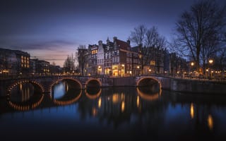 Картинка Amsterdam, огни, ночные города, ночь, иллюминация, Нидерланды, Амстердам, Голландия, город