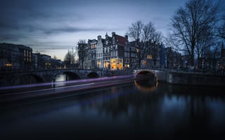 Картинка Amsterdam, Амстердам, ночь, ночные города, Нидерланды, город, Голландия, огни, иллюминация