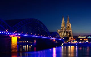 Картинка Кёльнский собор, Германия, ночь, ночные города, иллюминация, Кёльн