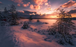 Картинка Ringerike, Norway, закат, деревья, пейзаж, озеро, зима, домик