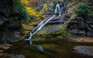 Картинка осень, лес, природа, деревья, водопад, скалы