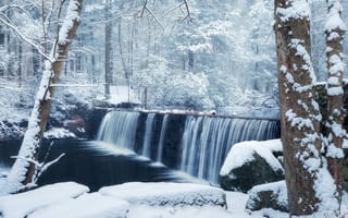 Картинка Newman Mills Park, лес, водопад, пейзаж, зима, камни, река, Коннектикут, снег, Стэмфорд, деревья