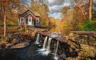Картинка Истон, домик, водопад, осень, река, Коннектикут, деревья, пейзаж