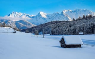 Обои Горный хребет Карвендель, деревья, зима, Миттенвальда, домики, горы, Верхняя Бавария, пейзаж, снег