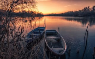 Картинка Йоркшир, озеро, лодка, деревья, пейзаж, Канада, закат