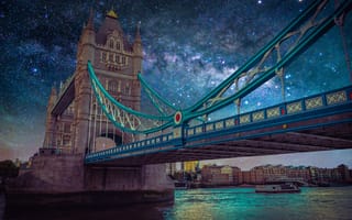 Картинка Пейзаж с галактикой Млечного пути, Тауэрский мост, Лондон, Ночное небо, Великобритания, звезды