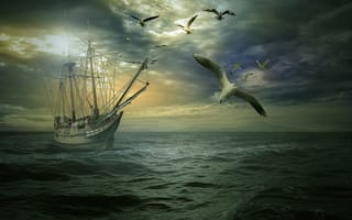 Картинка закат, чайки, птицы, пейзаж, тучи, море, корабль, волны, парусник
