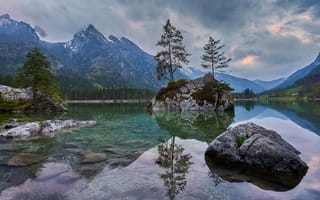Картинка Hintersee, деревья, скалы, пейзаж, отражение, горы, облака, сельская местность, Bavaria, озеро