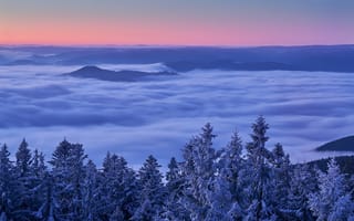 Картинка Kinzig Valley, облака, зима, пейзаж, деревья, горы, Германия, Шварцвальд, закат, Долина
