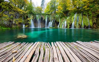 Обои Плитвицкие озера, водопад, дорожки, пейзаж, деревья, Хорватия