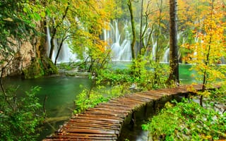 Картинка Плитвицкие озера, водопад, пейзаж, Хорватия, деревья, дорожки
