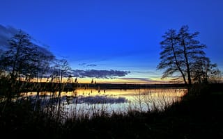 Картинка закат, силуэты, деревья, отражение, пейзаж, озеро