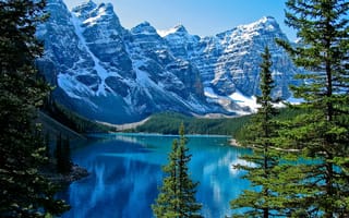 Картинка Lake Moraine, Альберта, горы, Канада, озеро, пейзаж, скалы, Озеро Морейн, деревья, Canada