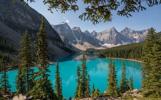 Картинка Lake Moraine, деревья, пейзаж, озеро, Альберта, Canada, скалы, Озеро Морейн, Канада, горы