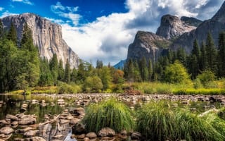 Картинка Yosemite National Park, США, камни, пейзаж, река, деревья, Калифорния, Йосемитский национальный парк, горы