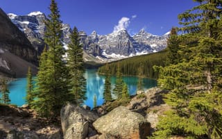 Картинка Lake Moraine, Canada, Канада, горы, Озеро Морейн, деревья, озеро, Альберта, скалы, пейзаж