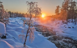 Картинка зима, пейзаж, природа, закат, деревья, течение, снег, речка, лес