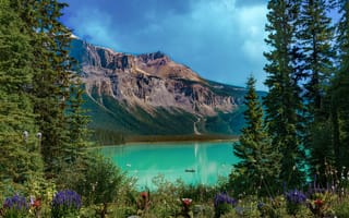 Картинка Emerald Lake, пейзаж, Ontario, деревья, горы, Canada, Эмералд озеро
