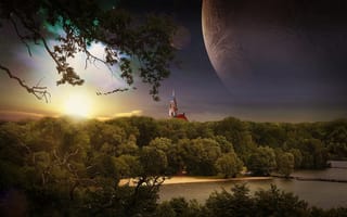 Картинка Нойбранденбург, планета, пейзаж, лес, закат, Германия, деревья, водоём, замок