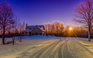 Картинка Новый Брансвик, пейзаж, Канада, зима, Восход, дорога, закат, деревья, дом, снег