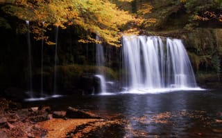 Картинка осень, природа, водоём, водопад, лес, деревья