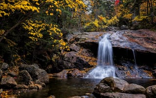 Картинка осень, камни, водопад, лес, пейзаж, деревья, природа, скалы